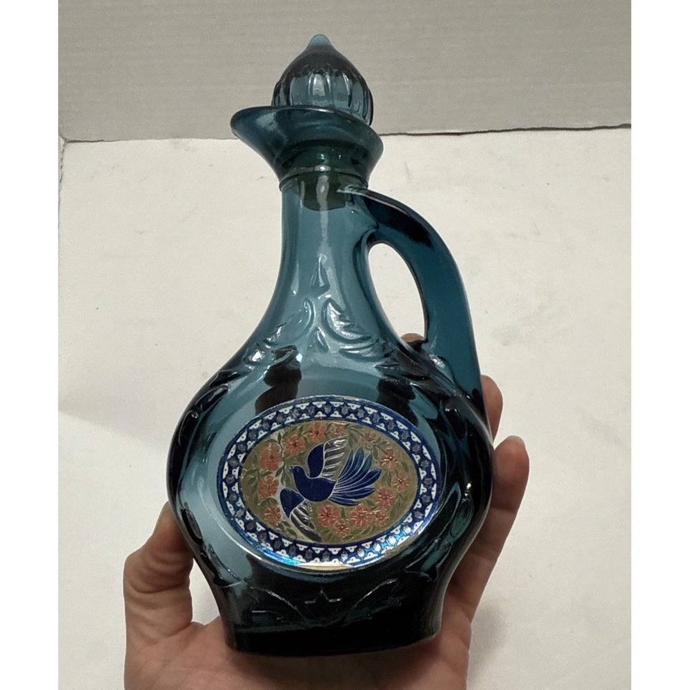 Vintage Blue Glass Perfume Floral Bird Foil Label-Handle-Stopper‎ Top-AVON